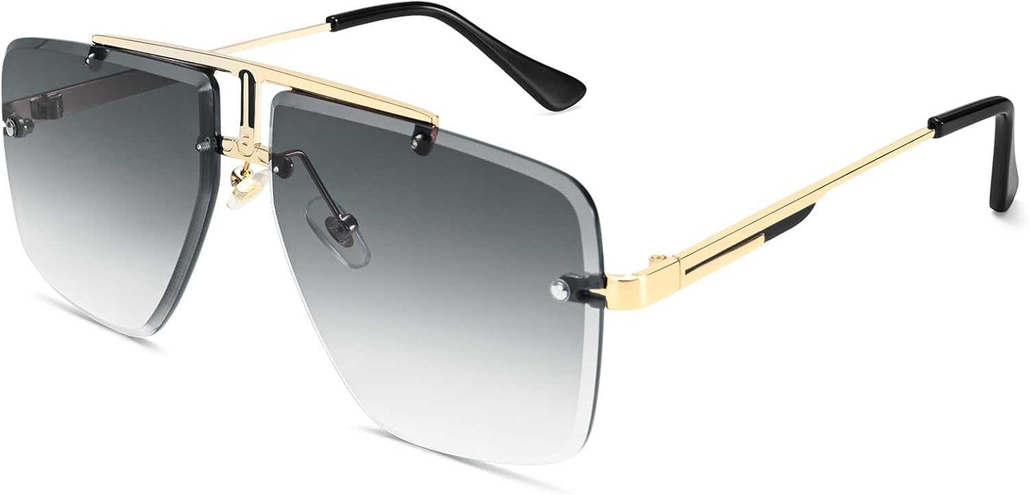 Мужские квадратные солнцезащитные очки без оправы, модные, большие, с тонированными линзами, золотистой металлической оправой, защита от ультрафиолета UV400 Dollger, C2:gold Frame Gradient Grey Lenses
Мужские квадратные солнцезащитные очки без оправы, модные, большие, с тонированными линзами, золотистой металлической оправой, защита от ультрафиолета UV400 Dollger, C2:gold Frame Gradient Grey Lenses