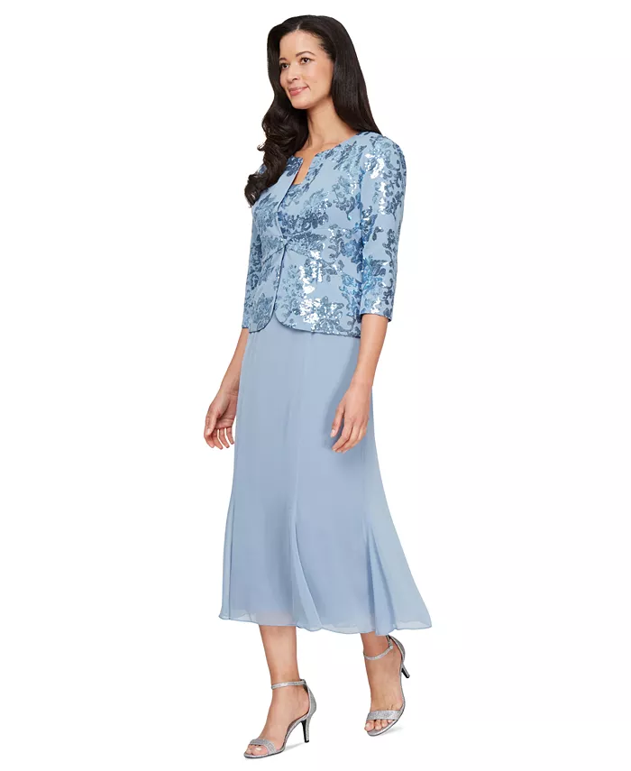 Женская куртка с пайетками и платье миди из шифона Alex Evenings, синий 
Женская куртка с пайетками и платье миди из шифона Alex Evenings, синий