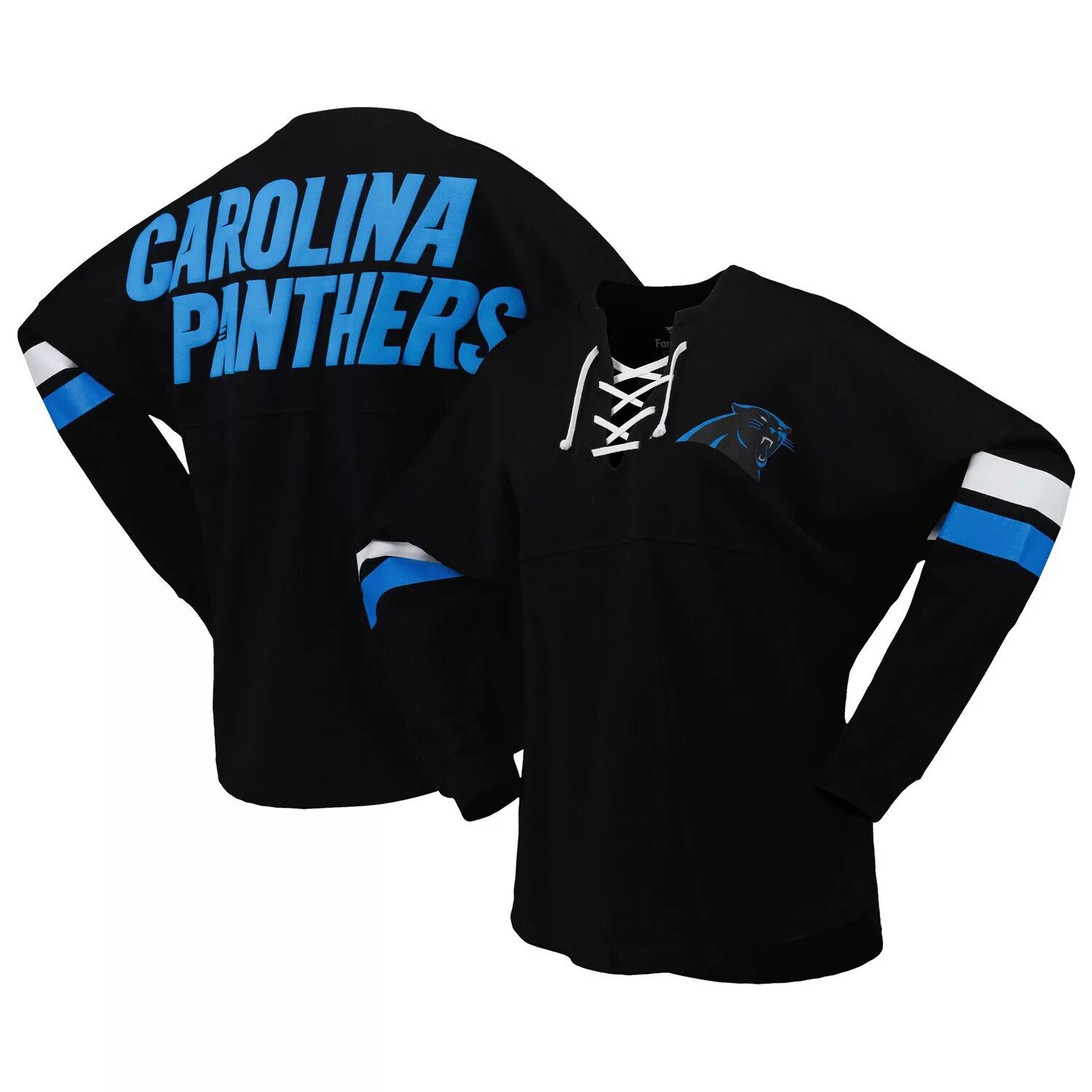 Женская футболка Fanatics Black Carolina Panthers Spirit из джерси на шнуровке с v-образным вырезом и длинными рукавами Fanatics 
Женская футболка Fanatics Black Carolina Panthers Spirit из джерси на шнуровке с v-образным вырезом и длинными рукавами Fanatics