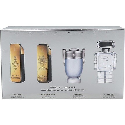 Paco Rabanne Mini Set For Men: One Million 0.17 Eau De Toilette, One Million 0.17 Parfum, Invictus 0.17 Edt, Phantom 0.17 Edt
Paco Rabanne Mini Set For Men: One Million 0.17 Eau De Toilette, One Million 0.17 Parfum, Invictus 0.17 Edt, Phantom 0.17 Edt