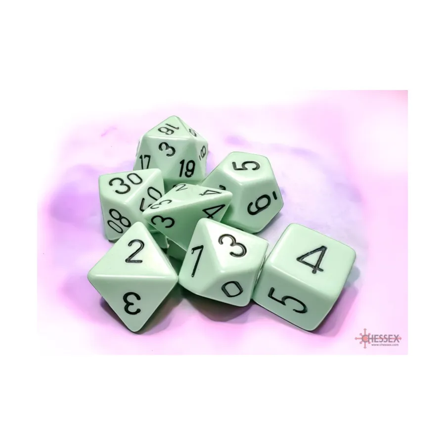 Полиэфирный комплект Зеленый с черным (7), Dice - Opaque Pastel (Chessex)
Полиэфирный комплект Зеленый с черным (7), Dice - Opaque Pastel (Chessex)