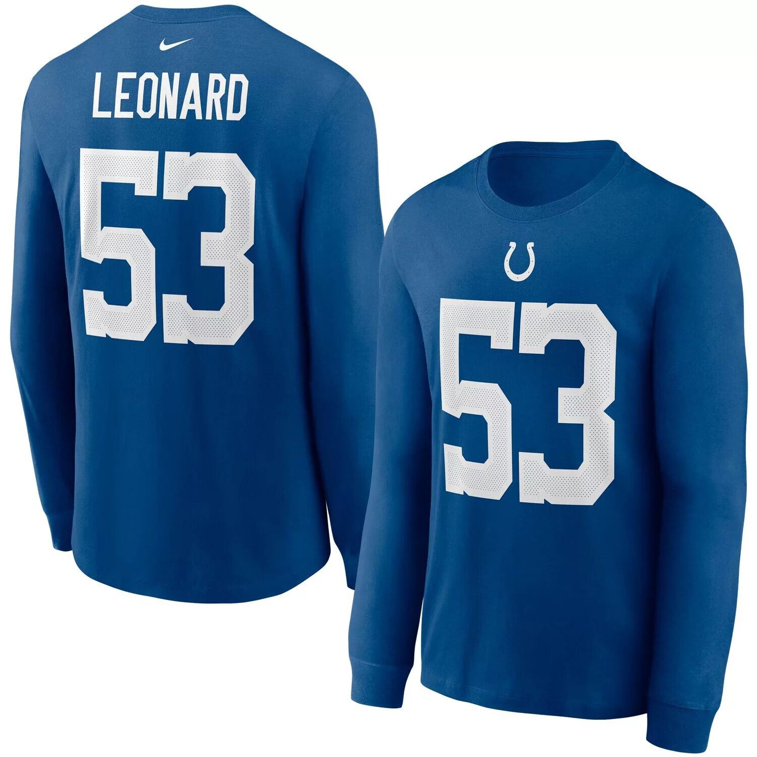 Мужская футболка с длинным рукавом Nike Shaquille Leonard Royal Indianapolis Colts с именем и номером игрока
Мужская футболка с длинным рукавом Nike Shaquille Leonard Royal Indianapolis Colts с именем и номером игрока