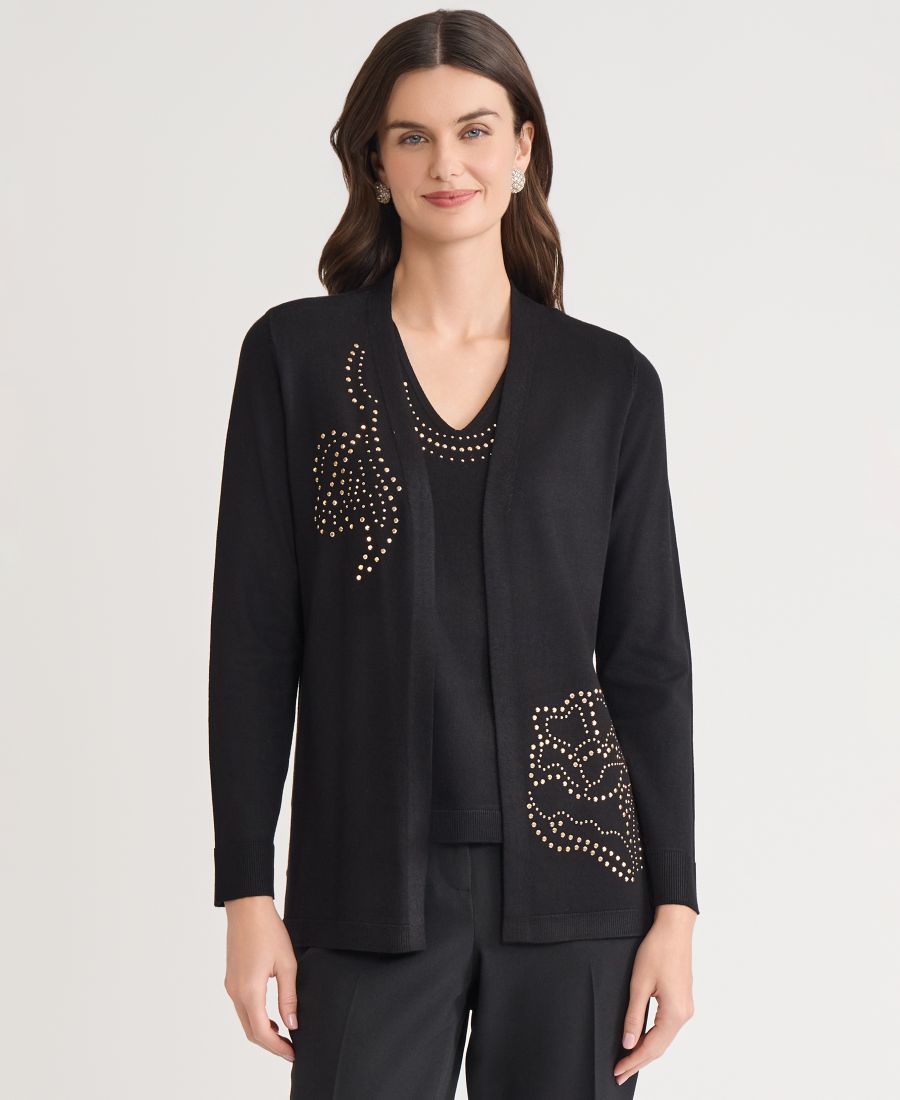 Женский кардиган с длинными рукавами и отделкой из заклепок, с перекрещивающимися нитками спереди Kasper, Black
Женский кардиган с длинными рукавами и отделкой из заклепок, с перекрещивающимися нитками спереди Kasper, Black