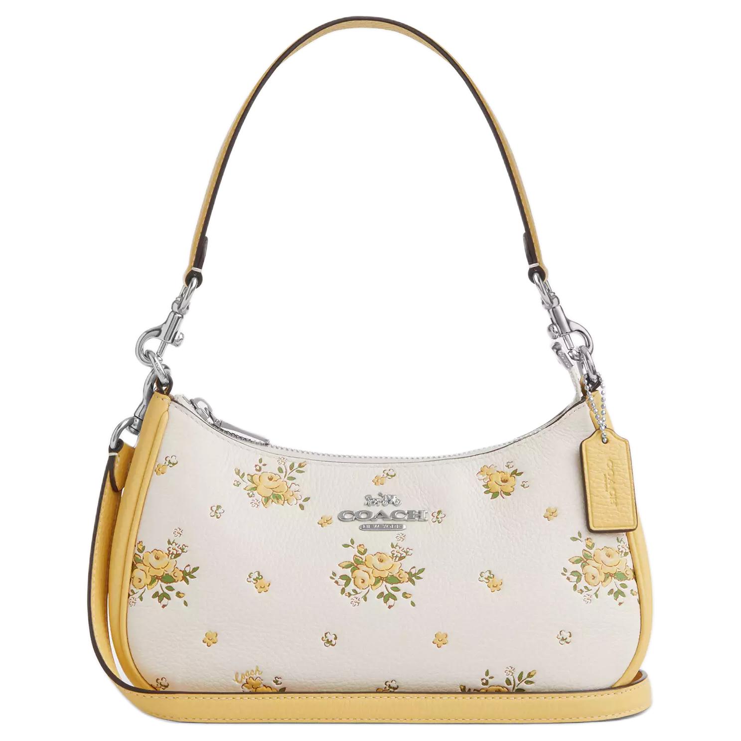 COACH Терри Личи Зернистая кожаная портативная сумка через плечо Средний размер Женская серебристая и меловая