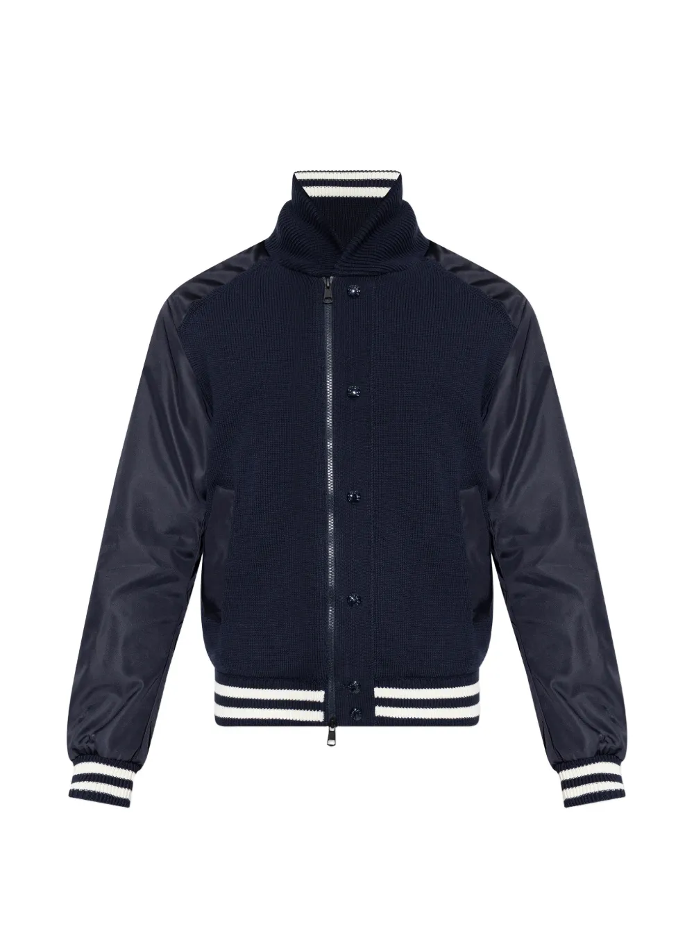 Трикотажный бомбер с полосатой отделкой Moncler, синий
Трикотажный бомбер с полосатой отделкой Moncler, синий