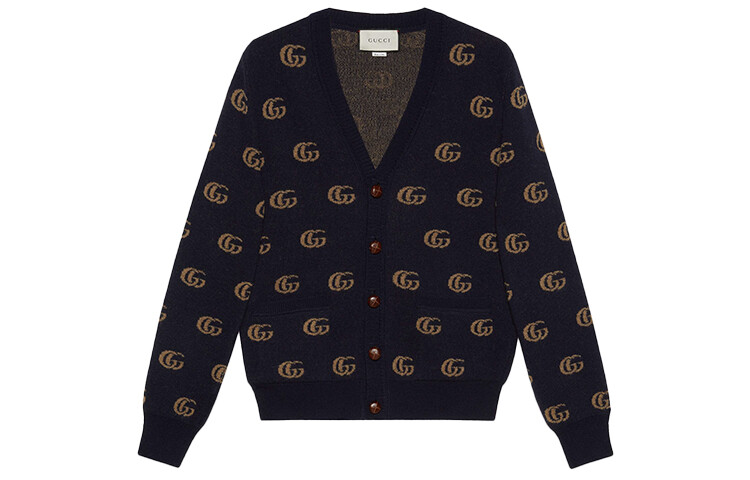 Мужской шерстяной кардиган с жаккардовым узором Double G Gucci, темно-синий 
Мужской шерстяной кардиган с жаккардовым узором Double G Gucci, темно-синий