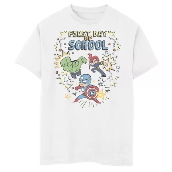 Футболка с простым рисунком Мстителей в честь первого дня школы для мальчиков 8-20 лет Marvel, белый
Футболка с простым рисунком Мстителей в честь первого дня школы для мальчиков 8-20 лет Marvel, белый