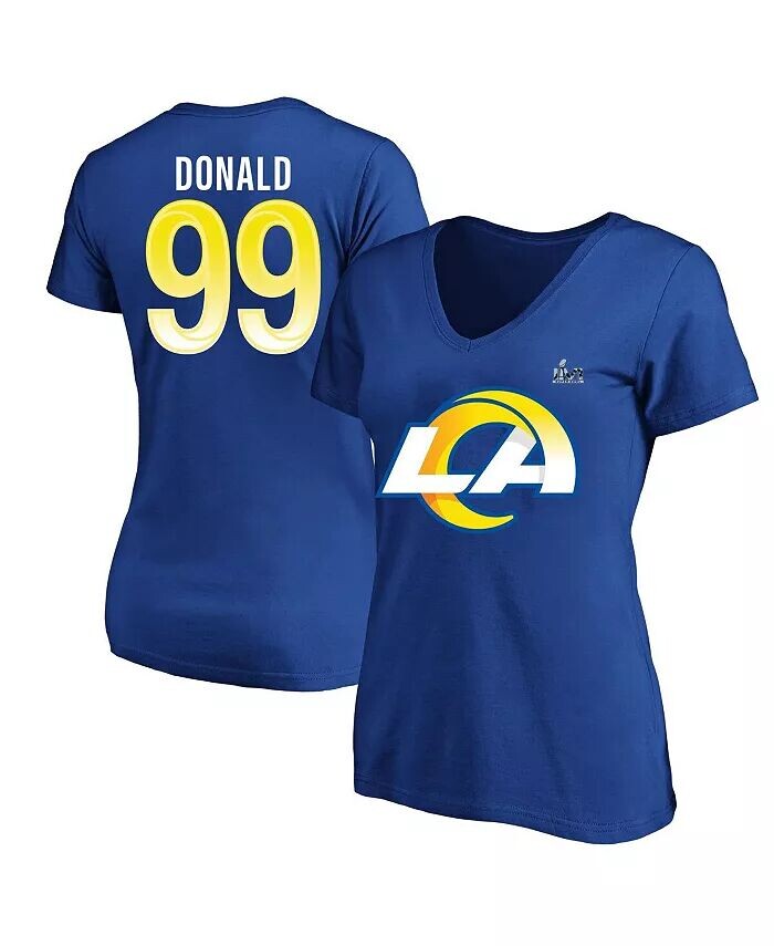 Женская футболка с v-образным вырезом размера плюс с именем и номером Aaron Donald Royal Los Angeles Rams Super Bowl LVI Bound Fanatics
Женская футболка с v-образным вырезом размера плюс с именем и номером Aaron Donald Royal Los Angeles Rams Super Bowl LVI Bound Fanatics