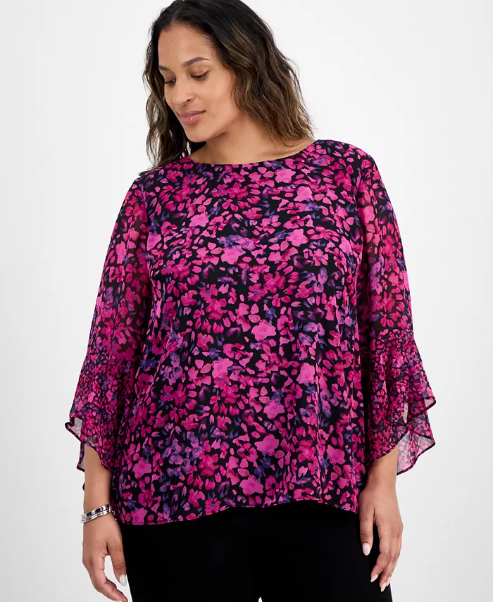 Топ размера плюс с рукавами-колокольчиками и мелким принтом Kasper, черный 
Топ размера плюс с рукавами-колокольчиками и мелким принтом Kasper, черный