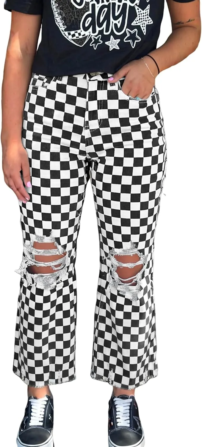 Джинсы женские черные в клетку с потертостями и рваными краями Opemiby
Джинсы женские черные в клетку с потертостями и рваными краями Opemiby