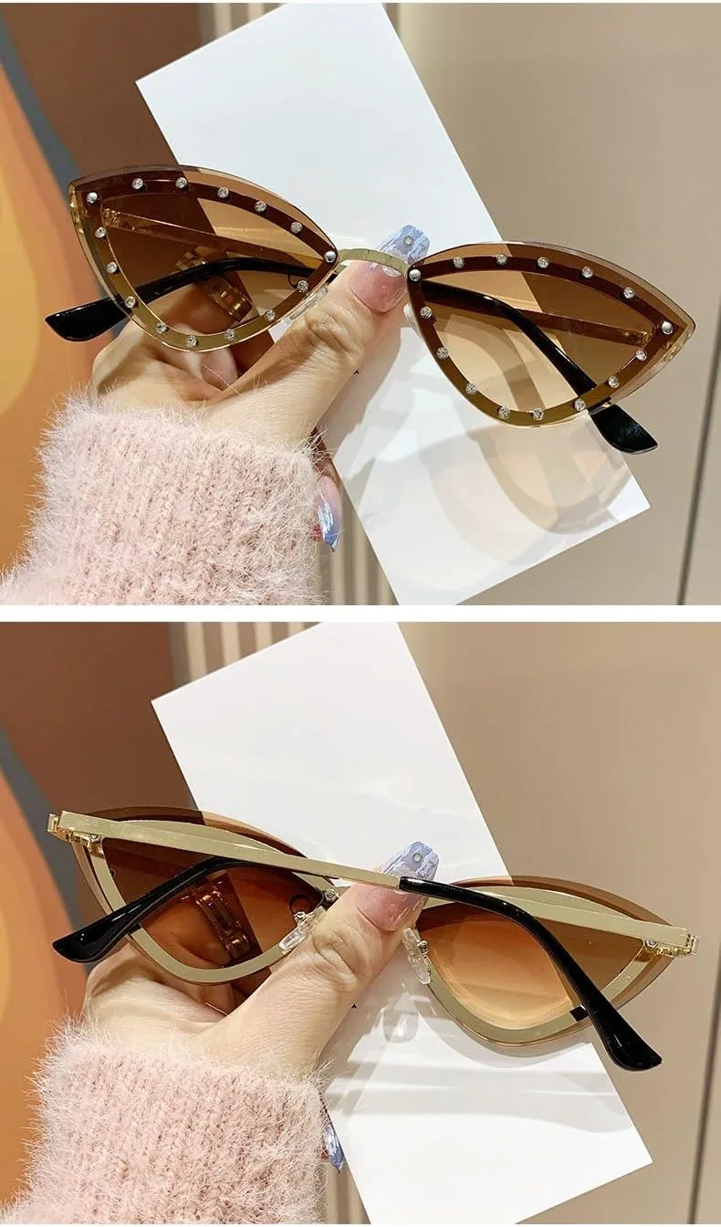 Женские солнцезащитные очки-«кошачий глаз» треугольной формы, без оправы, с кристаллами, уникальные элегантные очки с украшениями из страз RAVI EYEWEAR, Brown
Женские солнцезащитные очки-«кошачий глаз» треугольной формы, без оправы, с кристаллами, уникальные элегантные очки с украшениями из страз RAVI EYEWEAR, Brown