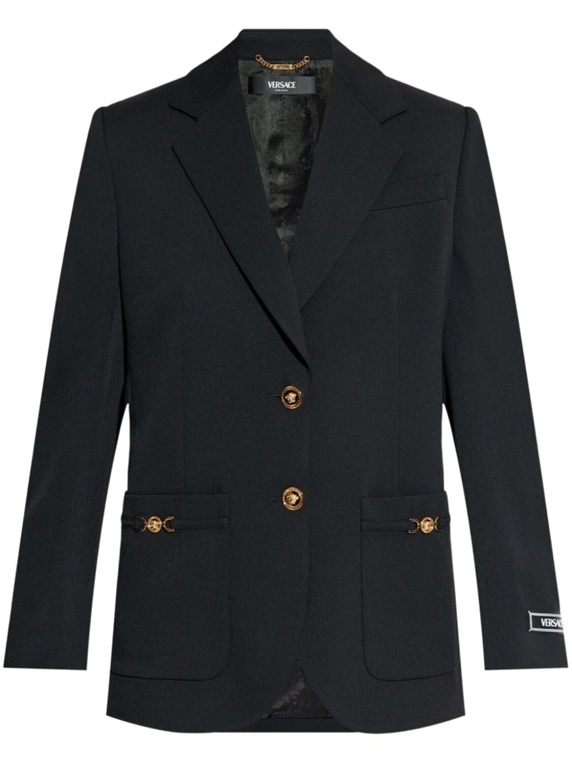 Versace однобортный блейзер с аппликацией логотипа, черный
Versace однобортный блейзер с аппликацией логотипа, черный