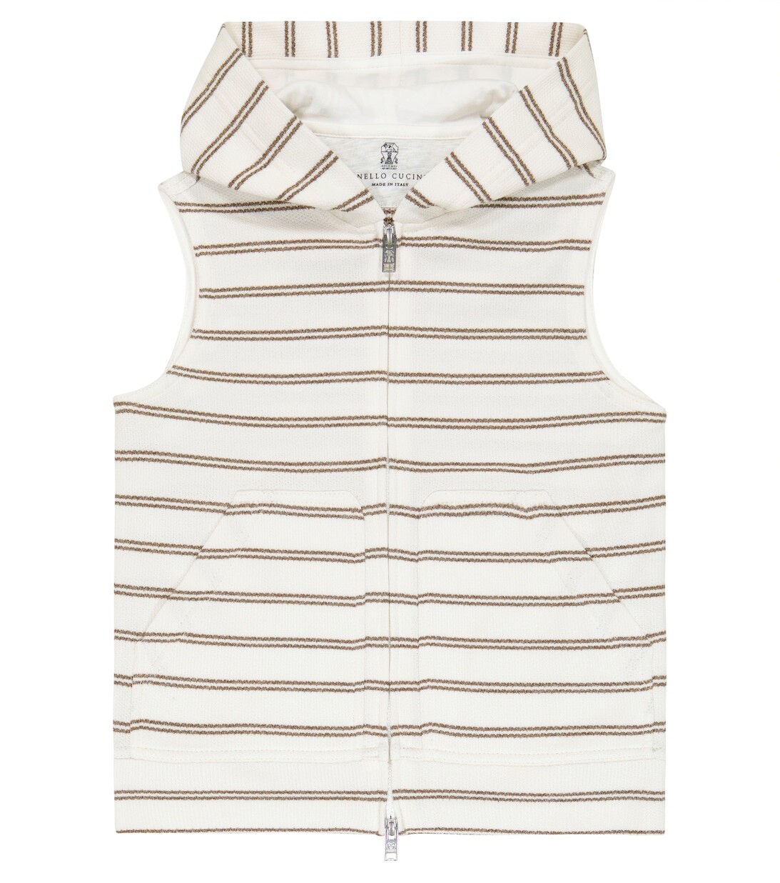 Хлопковый жилет в полоску с капюшоном Brunello Cucinelli, белый
Хлопковый жилет в полоску с капюшоном Brunello Cucinelli, белый