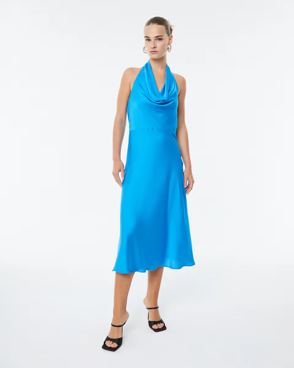 Атласное платье с драпированным вырезом спереди и сзади Paz Torras, синий
Атласное платье с драпированным вырезом спереди и сзади Paz Torras, синий