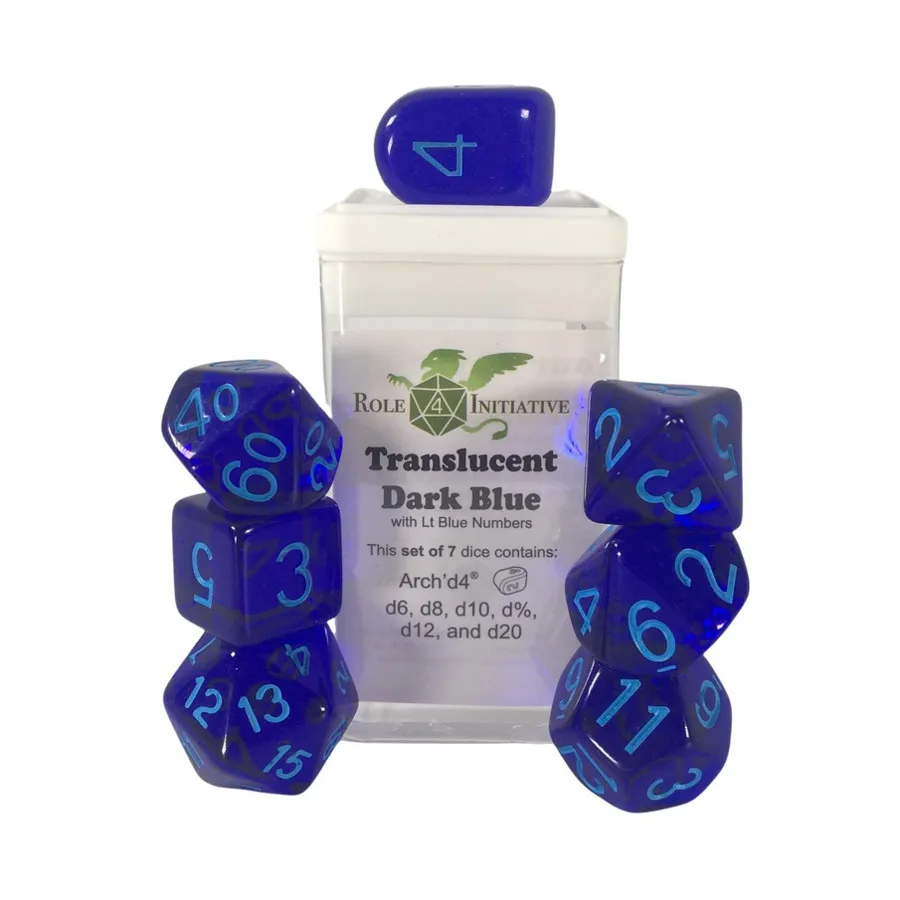 Многогранные игральные кости — полупрозрачные темно-синие со светло-синим и Arch'd4 (7), Game Dice - Translucent (Role 4 Initiative)
Многогранные игральные кости — полупрозрачные темно-синие со светло-синим и Arch'd4 (7), Game Dice - Translucent (Role 4 Initiative)
