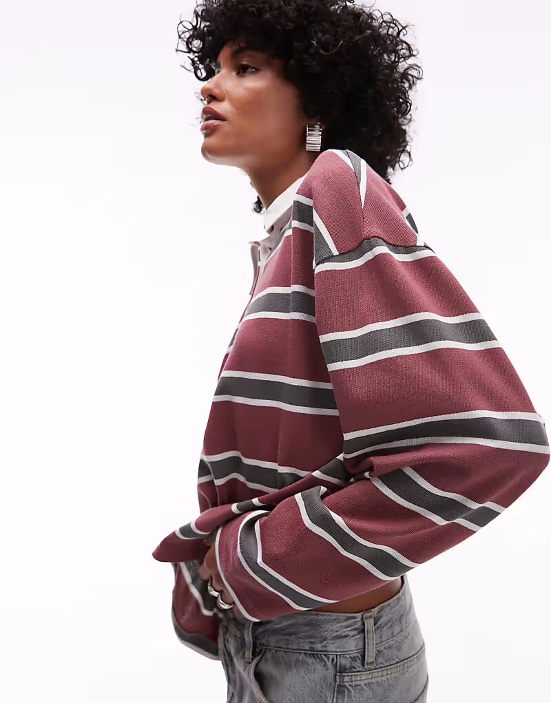 Футболка-поло Topshop в полоску с длинным рукавом для регби бордового цвета
Футболка-поло Topshop в полоску с длинным рукавом для регби бордового цвета