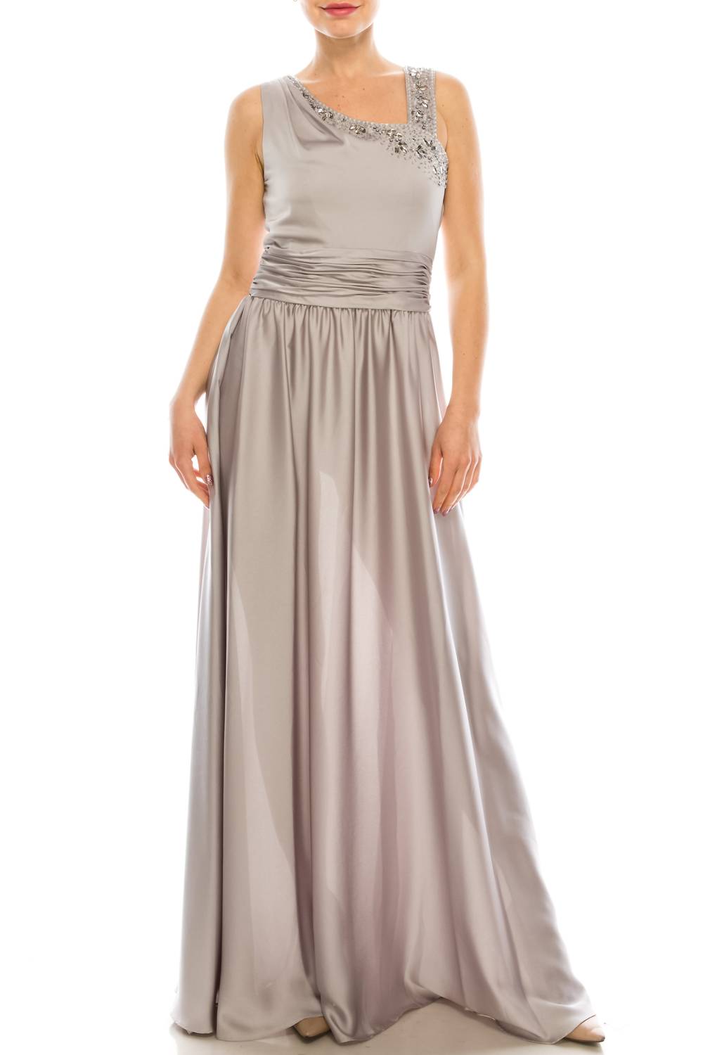 Серебряное атласное платье с асимметричным вырезом и бисером Decode 1.8