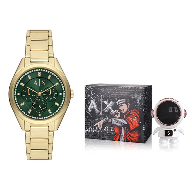 Женские часы ARMANI EXCHANGE с кварцевым механизмом, стальным браслетом и зелёным циферблатом
Женские часы ARMANI EXCHANGE с кварцевым механизмом, стальным браслетом и зелёным циферблатом