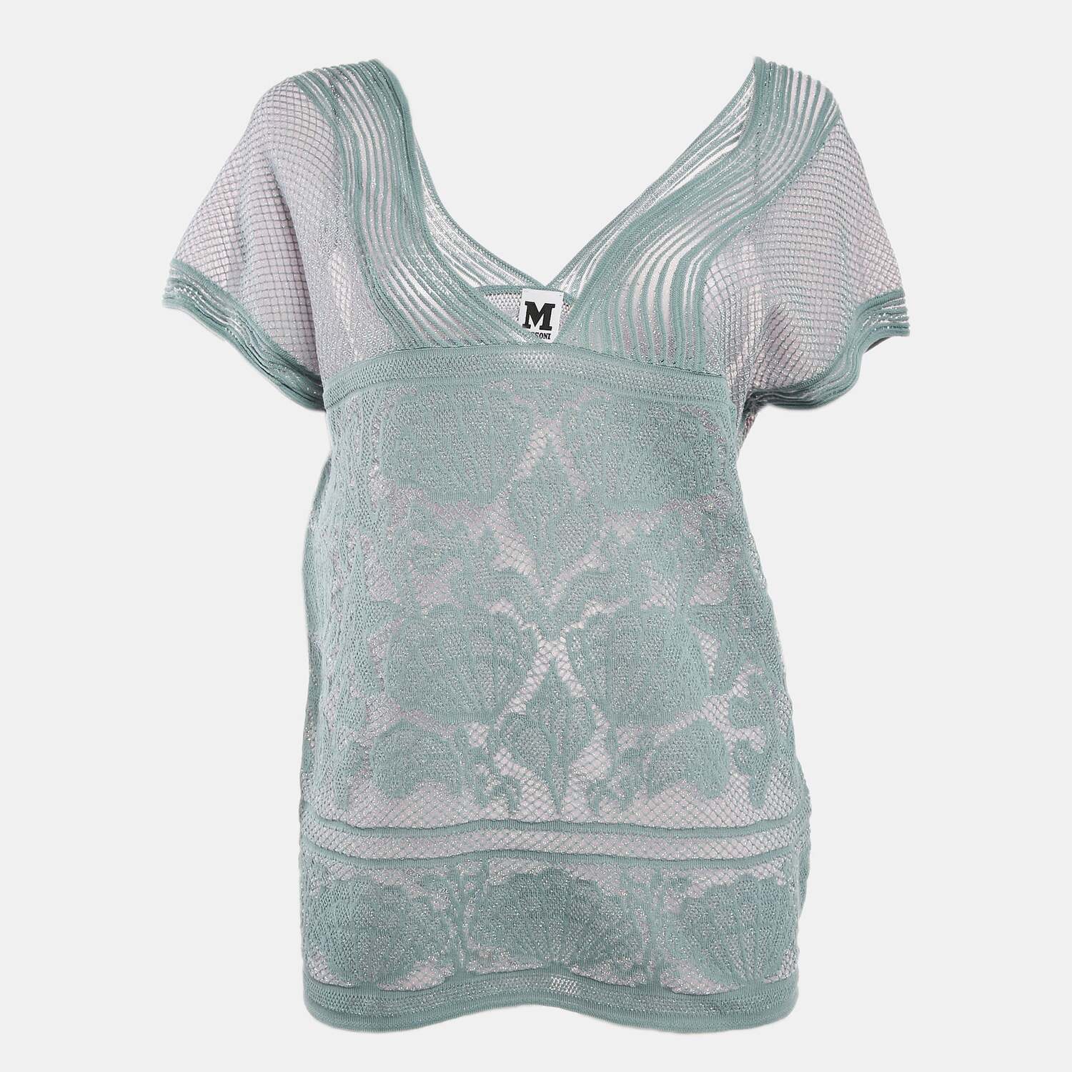 M Missoni Топ из фактурного трикотажа с V-образным вырезом, ледяного синего цвета с люрексом
M Missoni Топ из фактурного трикотажа с V-образным вырезом, ледяного синего цвета с люрексом