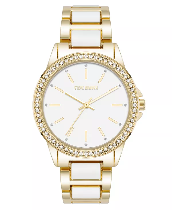 Женские фирменные часы с браслетом из металлического сплава белого эмалевого и золотистого оттенка, 36 мм Steve Madden, white/gold-tone
Женские фирменные часы с браслетом из металлического сплава белого эмалевого и золотистого оттенка, 36 мм Steve Madden, white/gold-tone