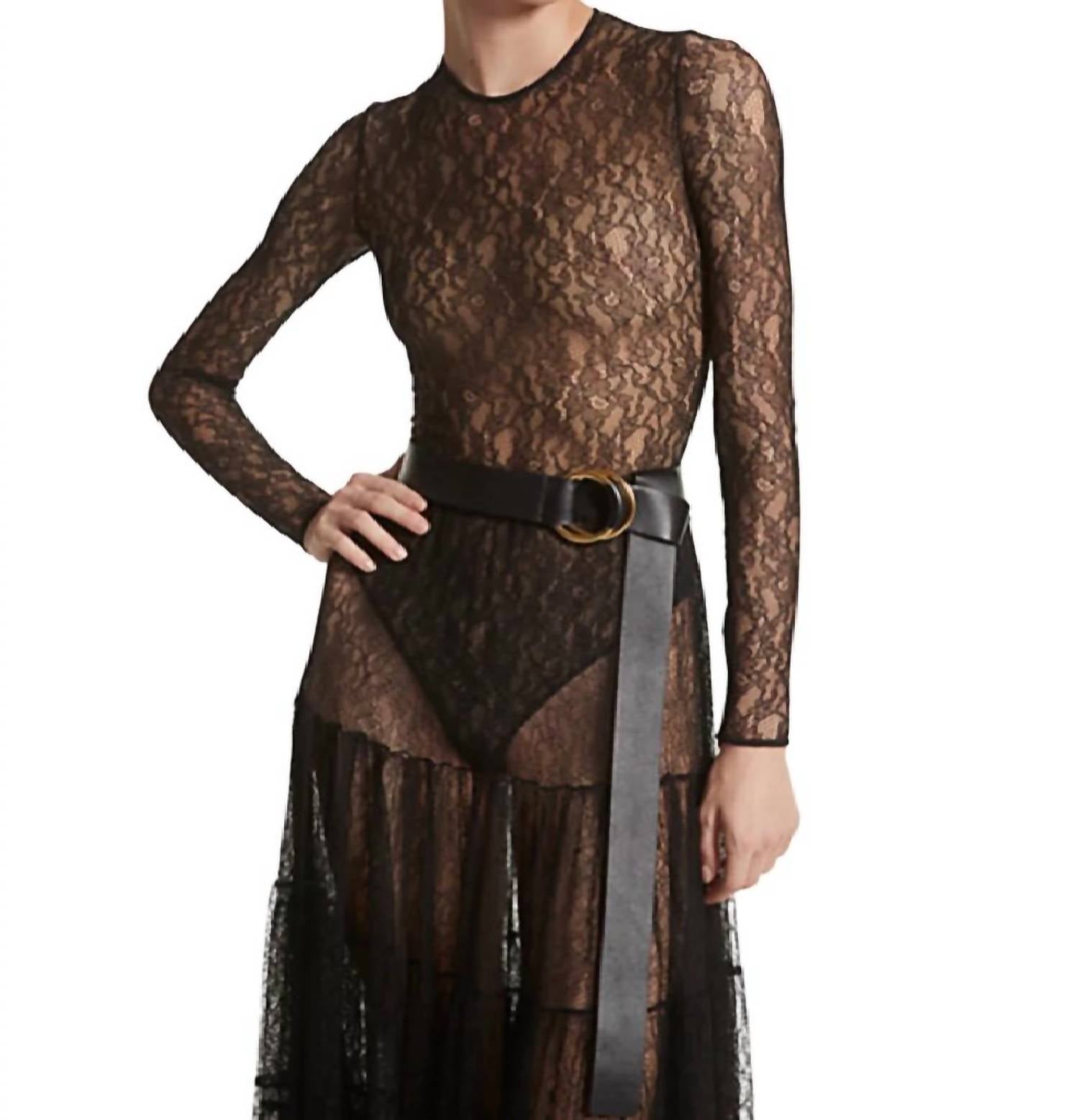 Боди из эластичного кружева шантильи черного цвета Michael Kors 
Боди из эластичного кружева шантильи черного цвета Michael Kors