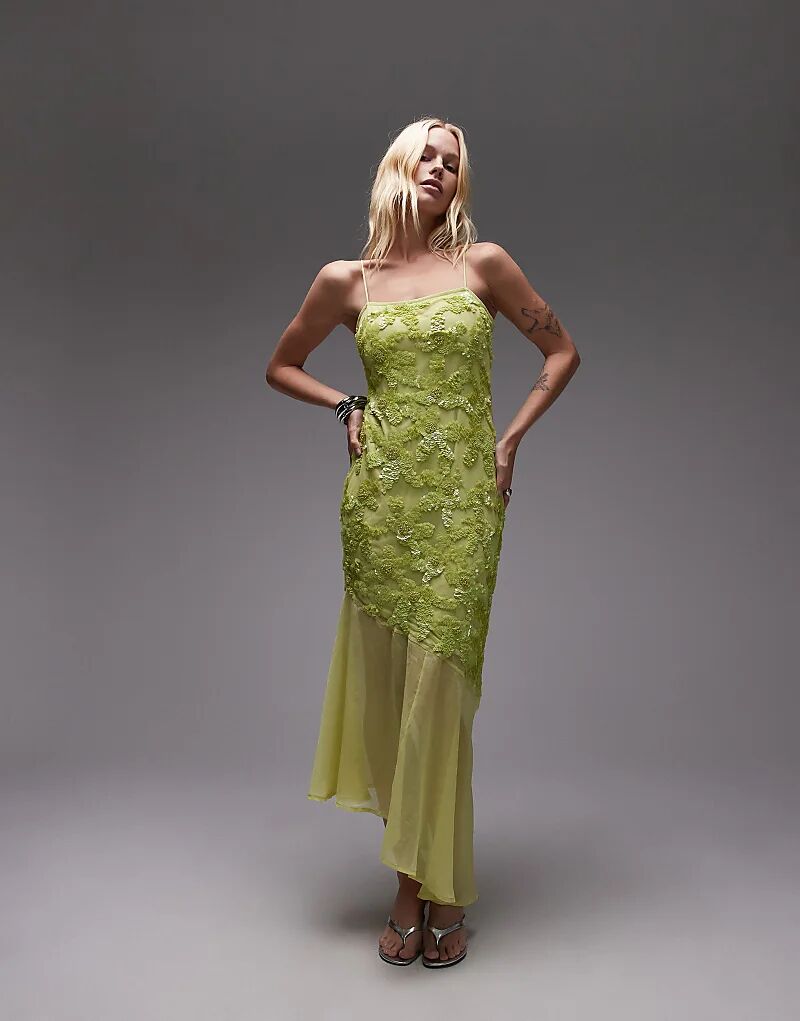 Платье-комбинация Topshop с декоративным подолом годе лаймово-зеленого цвета 
Платье-комбинация Topshop с декоративным подолом годе лаймово-зеленого цвета