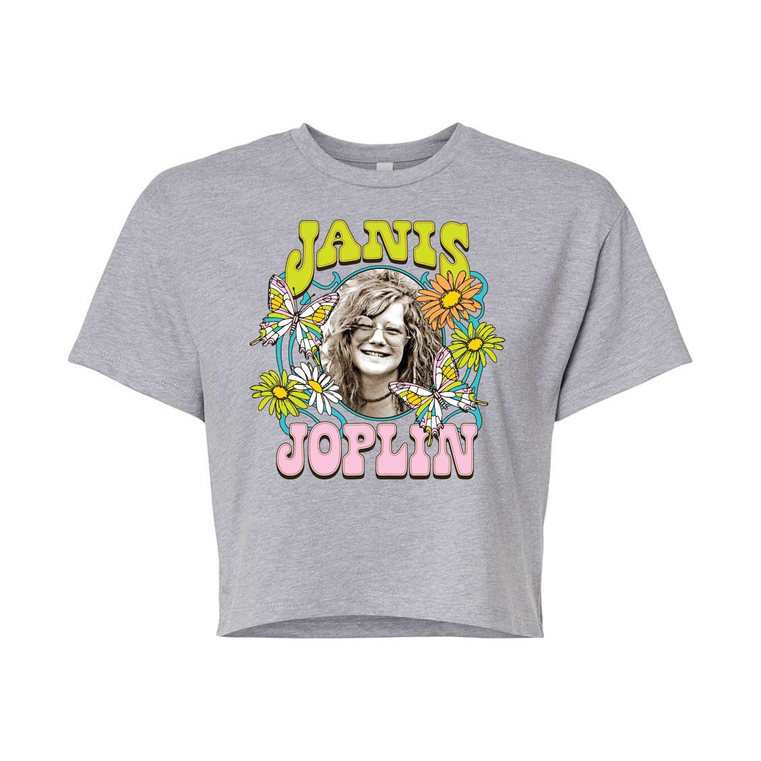 Укороченная футболка Janis Joplin с цветами и бабочками для юниоров Licensed Character, серый 
Укороченная футболка Janis Joplin с цветами и бабочками для юниоров Licensed Character, серый