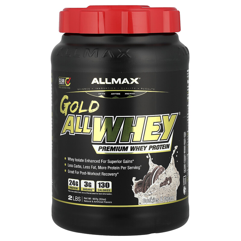 ALLMAX, GOLD ALLWHEY, сывороточный протеин премиального качества, печенье и сливки, 907 г (32 унции)
ALLMAX, GOLD ALLWHEY, сывороточный протеин премиального качества, печенье и сливки, 907 г (32 унции)