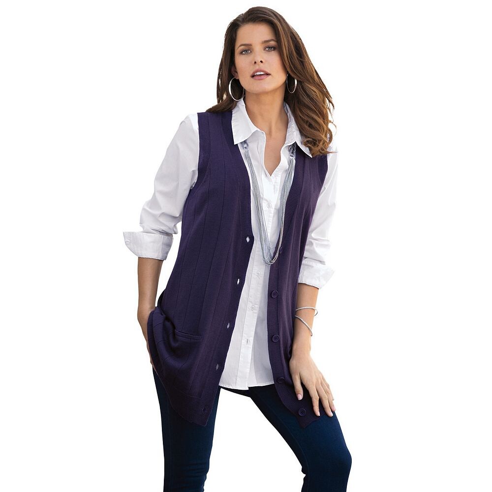 Женский свитер больших размеров Roaman с тонкой нитью и жилетом Roaman's, темно-синий 
Женский свитер больших размеров Roaman с тонкой нитью и жилетом Roaman's, темно-синий