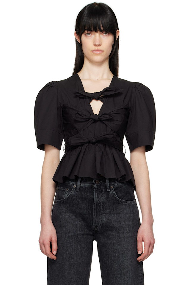 Блузка из стрейч-хлопка с завязками Ganni, черный 
Блузка из стрейч-хлопка с завязками Ganni, черный