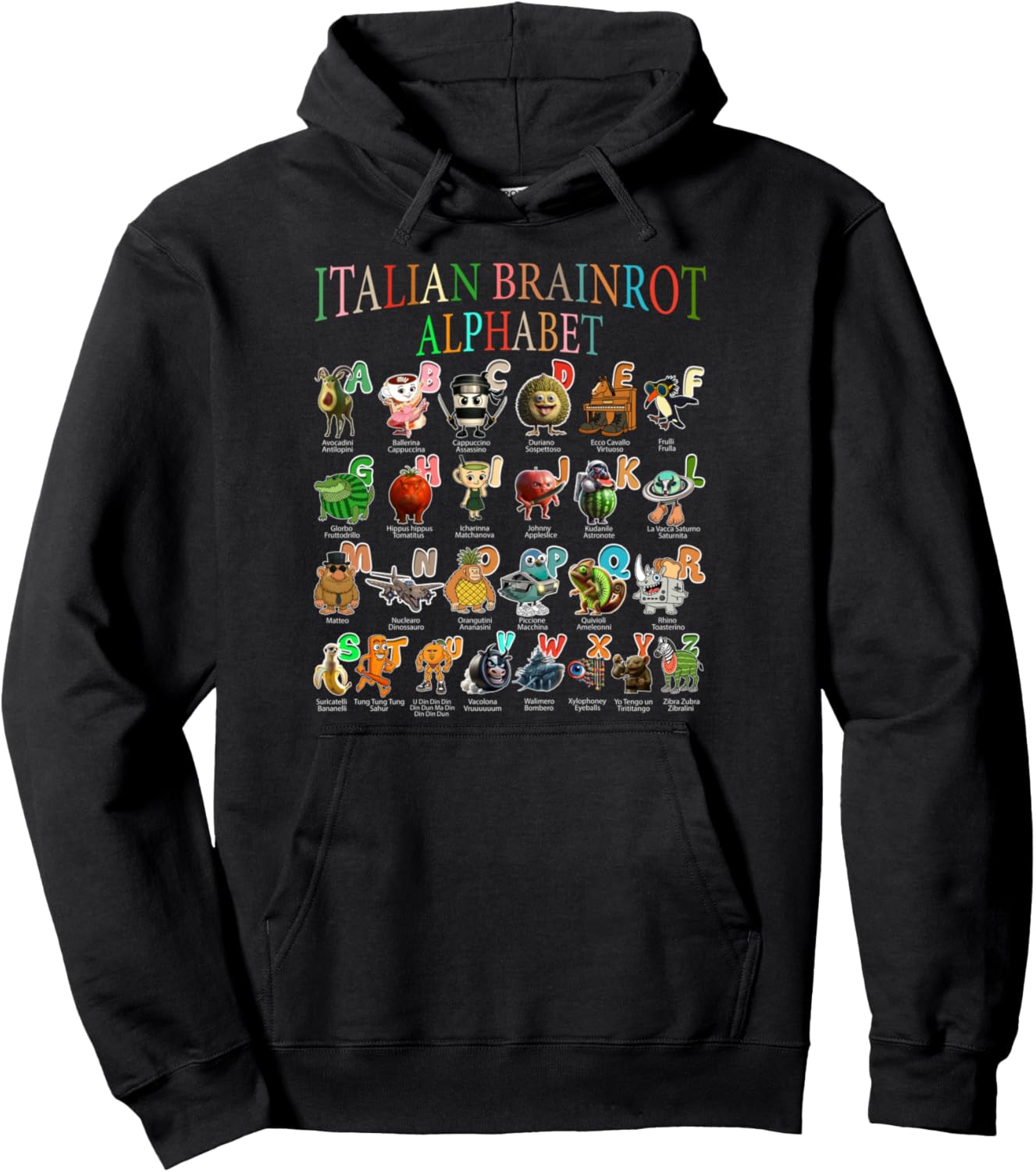 Забавная итальянская толстовка с изображением персонажа Brainlot в виде алфавита Italian Brainrot Characters Alphabet Apparels, черный
Забавная итальянская толстовка с изображением персонажа Brainlot в виде алфавита Italian Brainrot Characters Alphabet Apparels, черный