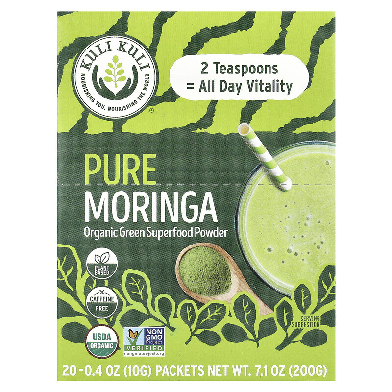 Kuli Kuli, Pure Moringa, без кофеина, 20 пакетиков по 10 г (0,4 унции)
Kuli Kuli, Pure Moringa, без кофеина, 20 пакетиков по 10 г (0,4 унции)