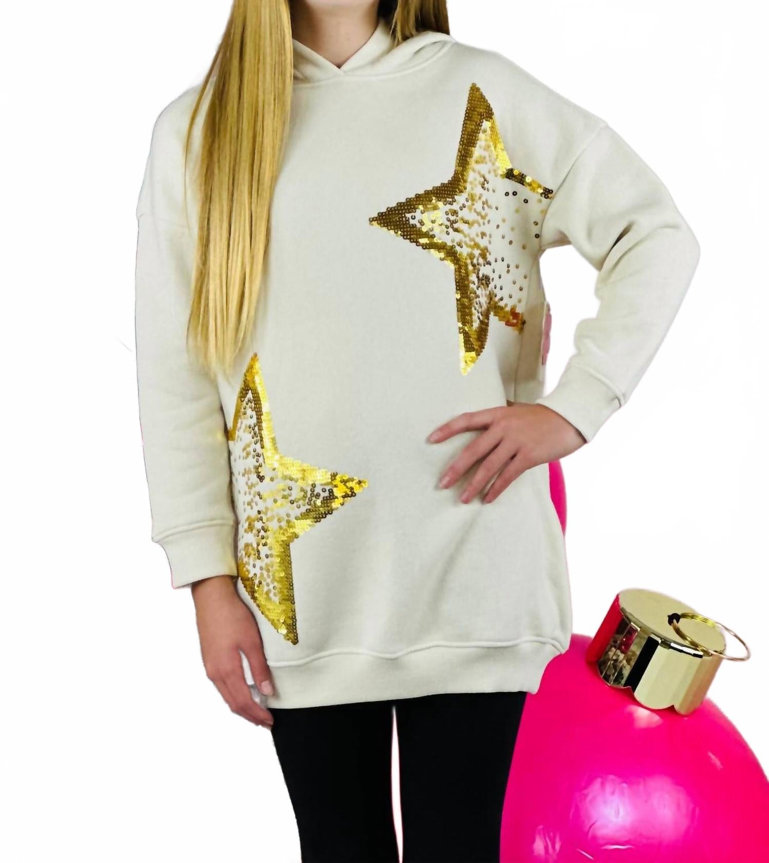 Детская худи-туника со звездами и пайетками в бежево-золотом цвете Paper Flower 
Детская худи-туника со звездами и пайетками в бежево-золотом цвете Paper Flower