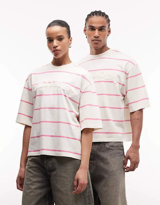 Желто-розовая футболка унисекс в полоску с логотипом COLLUSION
Желто-розовая футболка унисекс в полоску с логотипом COLLUSION