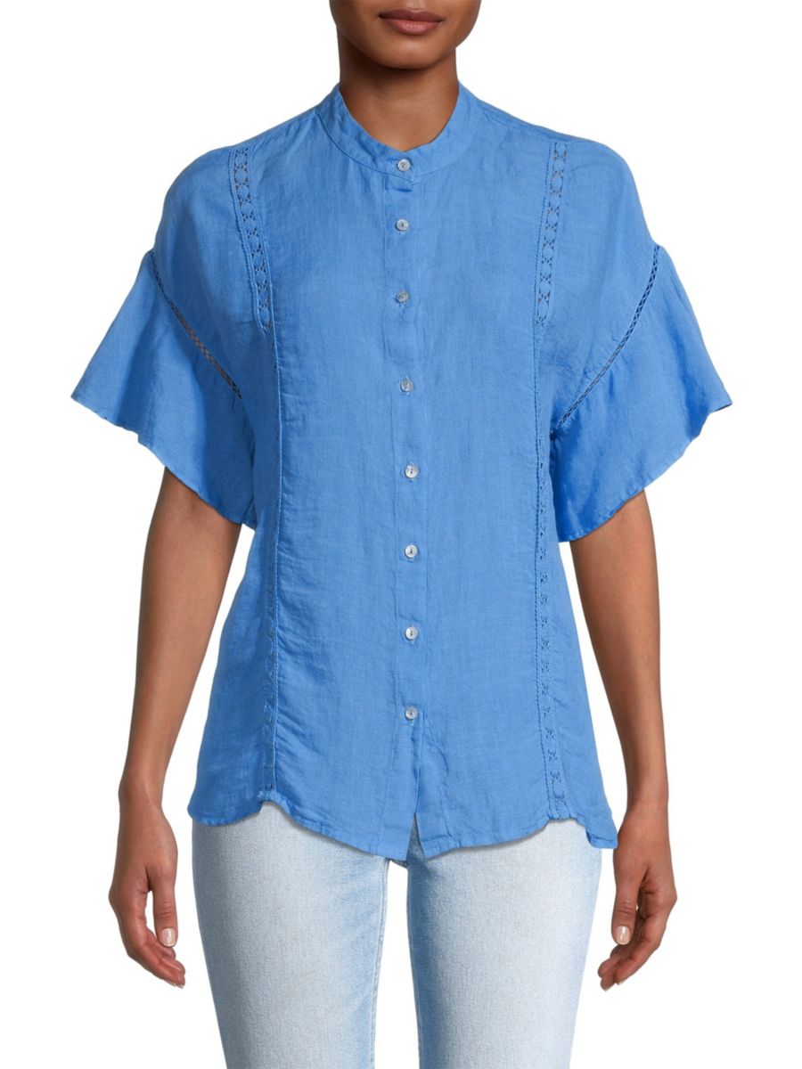 Льняной топ с воланами на рукавах 120% Lino, цвет River 
Льняной топ с воланами на рукавах 120% Lino, цвет River