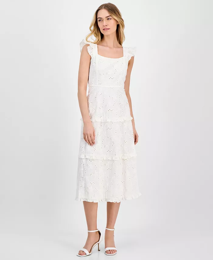 Женское миди-платье с квадратным вырезом и ярусной отделкой в стиле "айлет" Anne Klein, белый 
Женское миди-платье с квадратным вырезом и ярусной отделкой в стиле "айлет" Anne Klein, белый