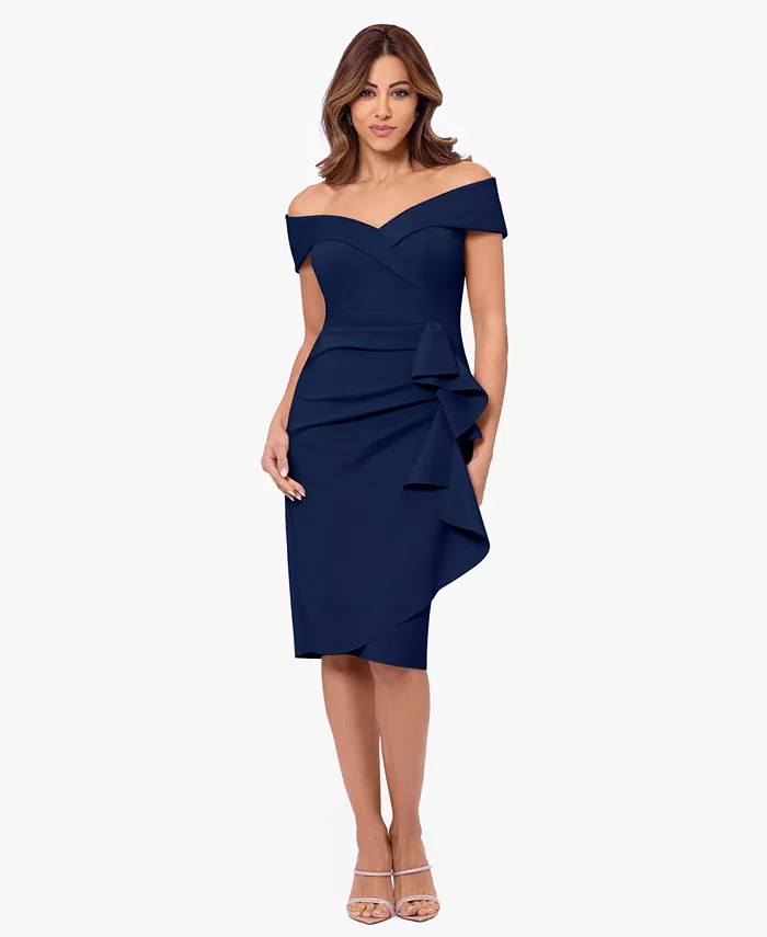 Женское платье с открытыми плечами и рюшами в форме сердечка XSCAPE, синий
Женское платье с открытыми плечами и рюшами в форме сердечка XSCAPE, синий