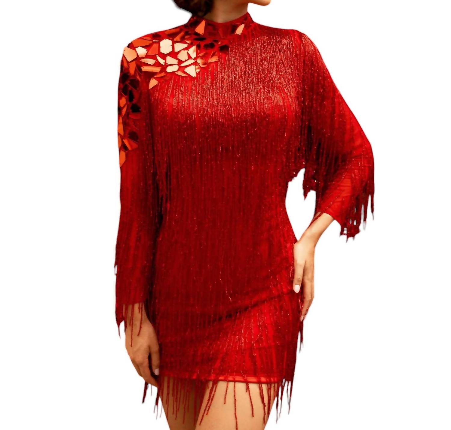 Красное коктейльное платье с высоким воротником и бахромой из бисера Primavera
Красное коктейльное платье с высоким воротником и бахромой из бисера Primavera