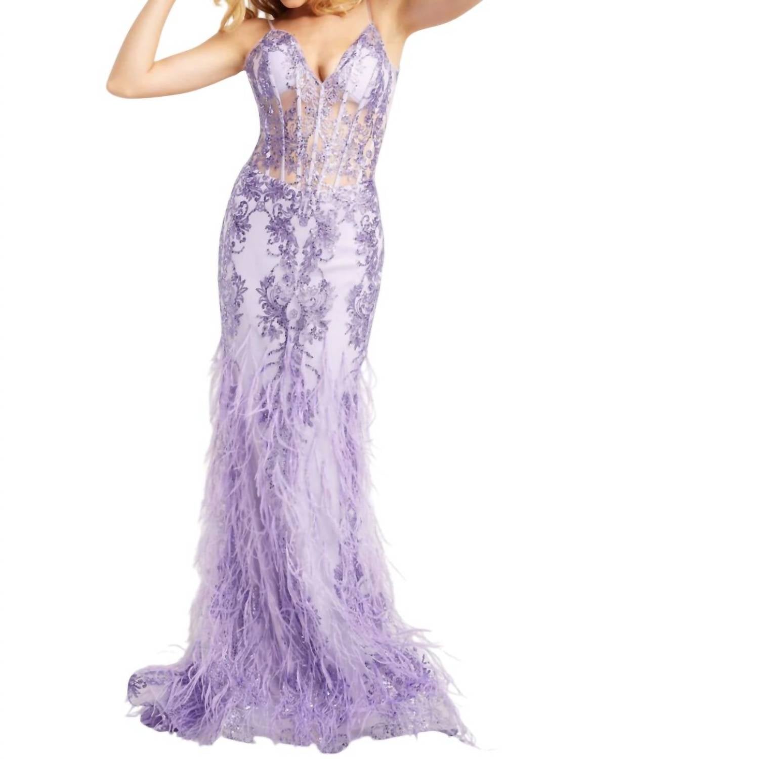 Корсетное платье с перьями на юбке в сиреневом цвете JOVANI
Корсетное платье с перьями на юбке в сиреневом цвете JOVANI