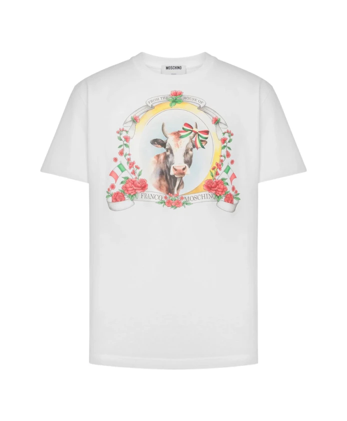 Футболка с изображением белой коровы и цветочным рисунком Moschino, белый
Футболка с изображением белой коровы и цветочным рисунком Moschino, белый