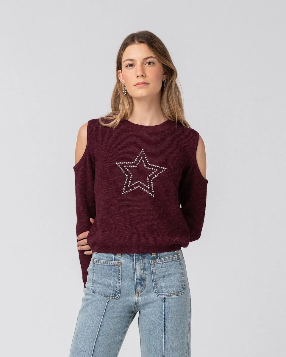 Женский джемпер с вырезами на плечах и звездой Noon, бордовый
Женский джемпер с вырезами на плечах и звездой Noon, бордовый