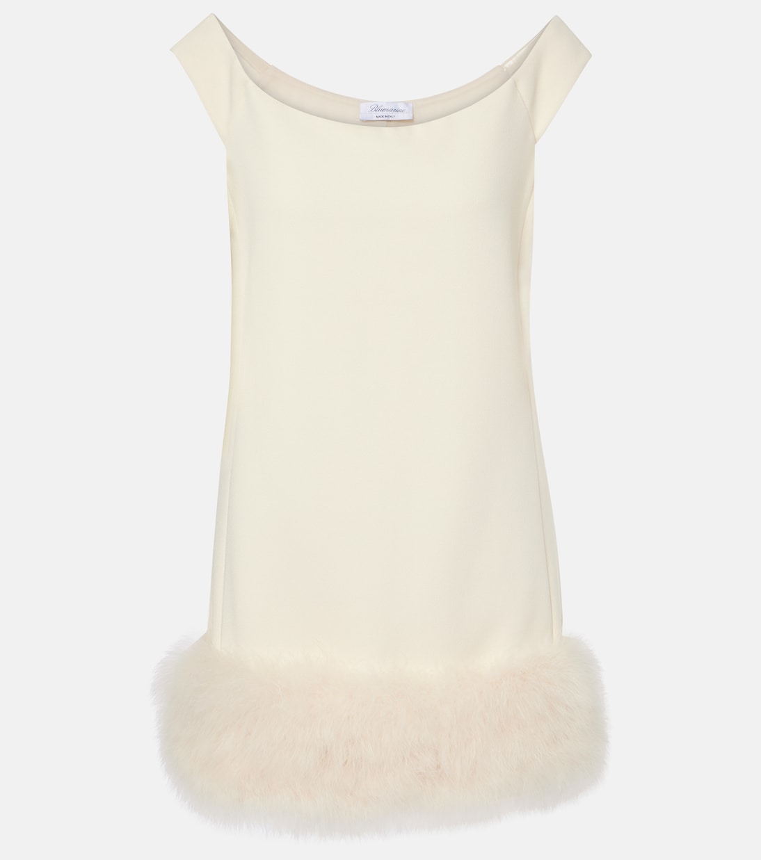 Мини-платье из крепа с отделкой из перьев Blumarine, слоновая кость 
Мини-платье из крепа с отделкой из перьев Blumarine, слоновая кость