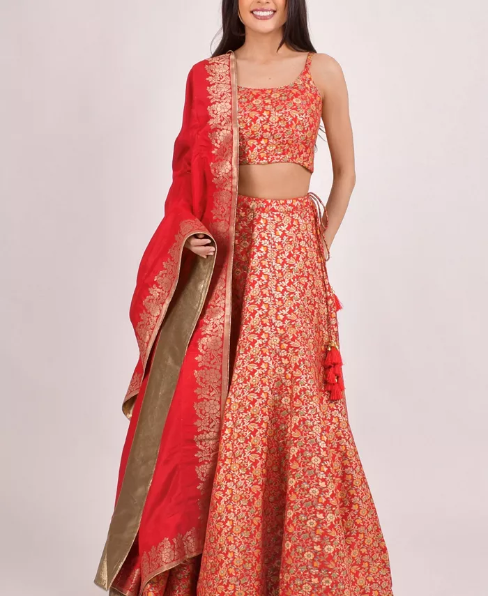 Женская красная жаккардовая юбка Banarasi Lehenga Choli RAAS, красный 
Женская красная жаккардовая юбка Banarasi Lehenga Choli RAAS, красный