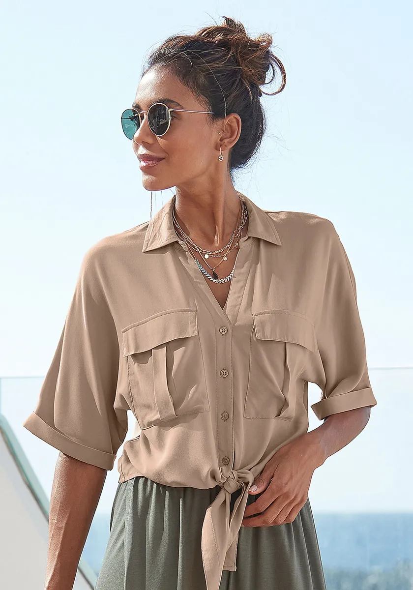 LASCANA Блузка с короткими рукавами, с узлом и планкой на пуговицах, рубашечный воротник, женская блузка, цвет Camelfarben
LASCANA Блузка с короткими рукавами, с узлом и планкой на пуговицах, рубашечный воротник, женская блузка, цвет Camelfarben