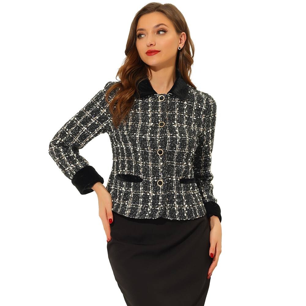 Женский элегантный твидовый пиджак в клетку с бархатным воротником ALLEGRA K, черный
Женский элегантный твидовый пиджак в клетку с бархатным воротником ALLEGRA K, черный