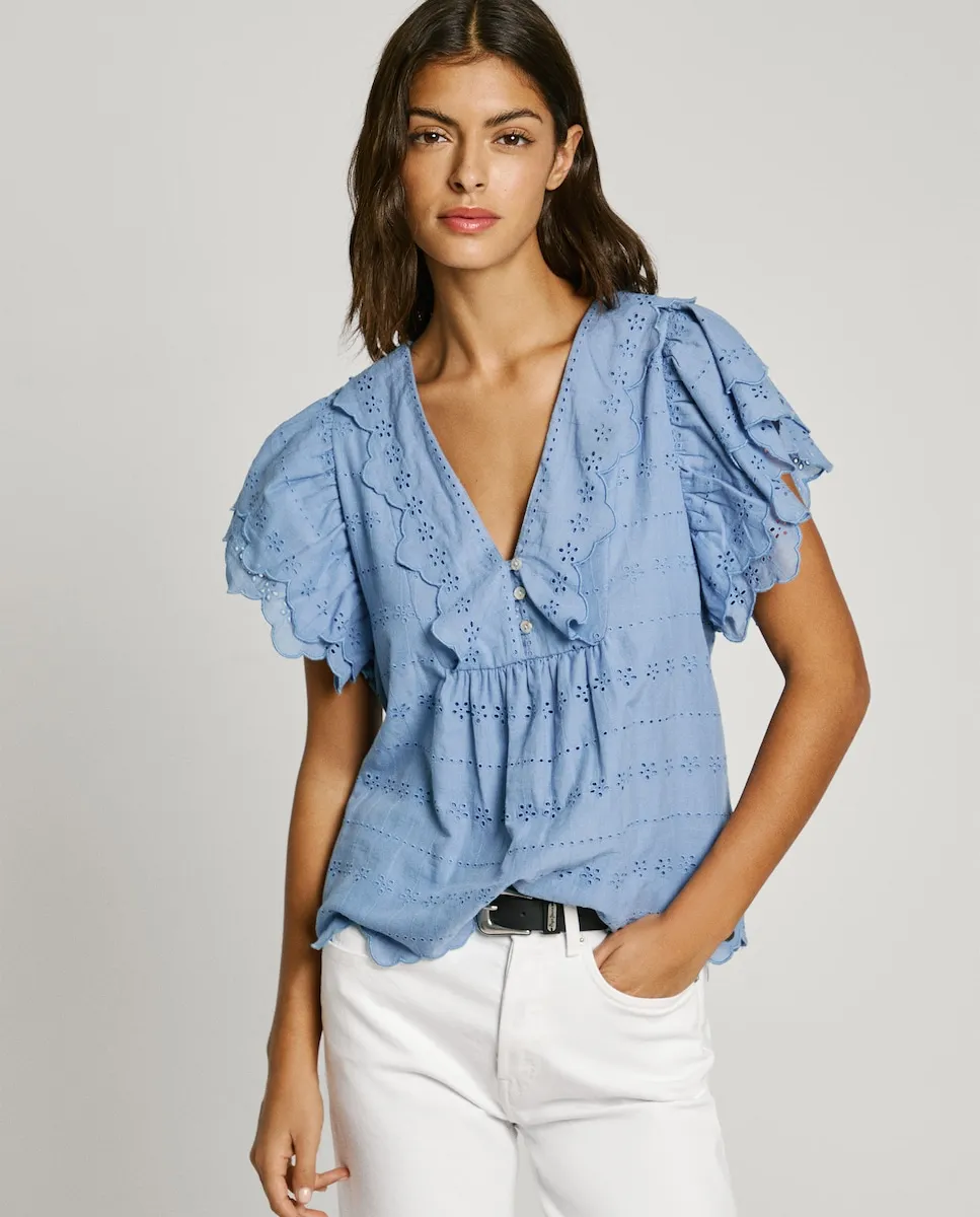 Женская блузка с V-образным вырезом и оборками на рукавах Pepe Jeans, синий 
Женская блузка с V-образным вырезом и оборками на рукавах Pepe Jeans, синий