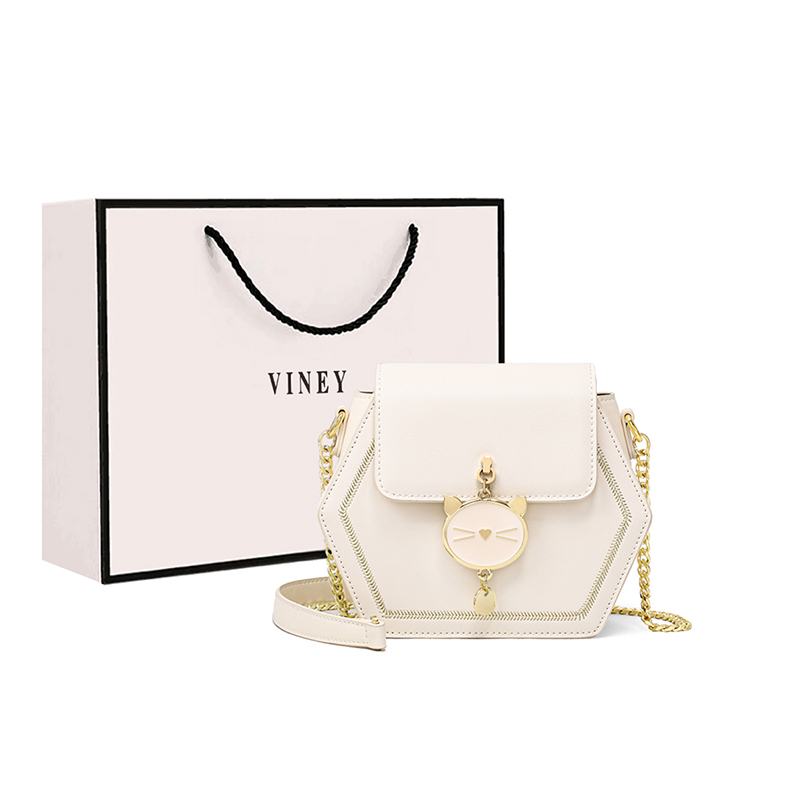 VINEY Кожаная цепочная сумка через плечо мини женская бежевая черная, Ecru 
VINEY Кожаная цепочная сумка через плечо мини женская бежевая черная, Ecru