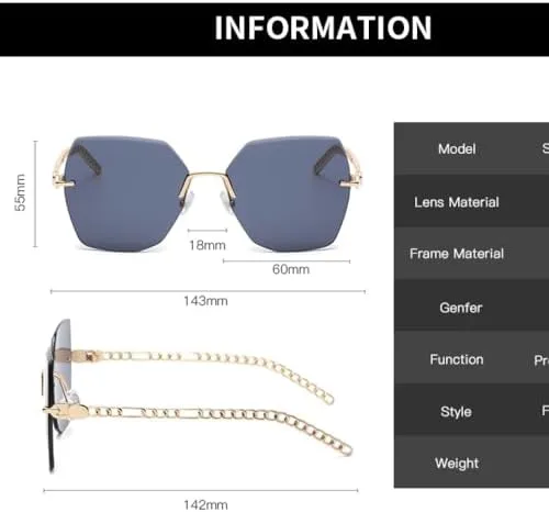 Квадратные солнцезащитные очки без оправы для женщин, оправа с цепочкой, модные винтажные очки большого размера с защитой от УФ-излучения UV400 MTZJH, One Color
Квадратные солнцезащитные очки без оправы для женщин, оправа с цепочкой, модные винтажные очки большого размера с защитой от УФ-излучения UV400 MTZJH, One Color