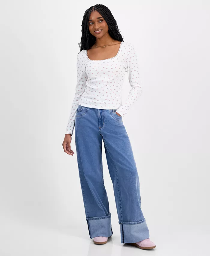 Джинсы для юниоров с высокой талией, манжетами и вышитым бантом Madden Girl, синий 
Джинсы для юниоров с высокой талией, манжетами и вышитым бантом Madden Girl, синий