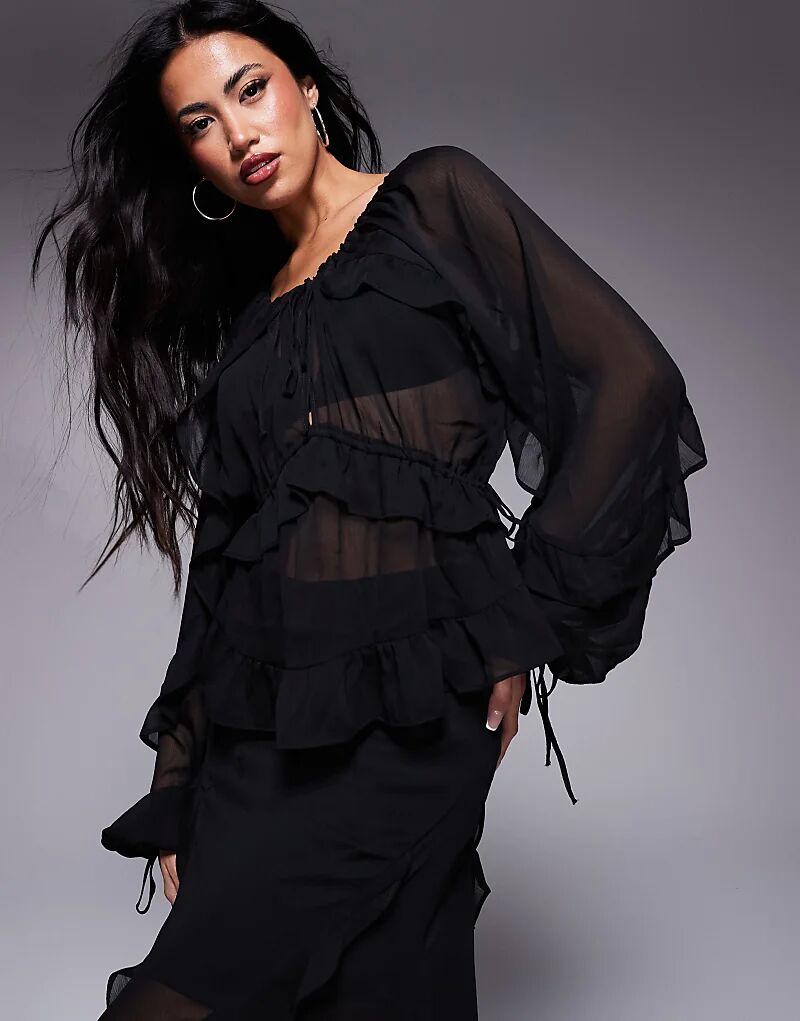 Шифоновая блузка с оборками и завязками черного цвета River Island
Шифоновая блузка с оборками и завязками черного цвета River Island